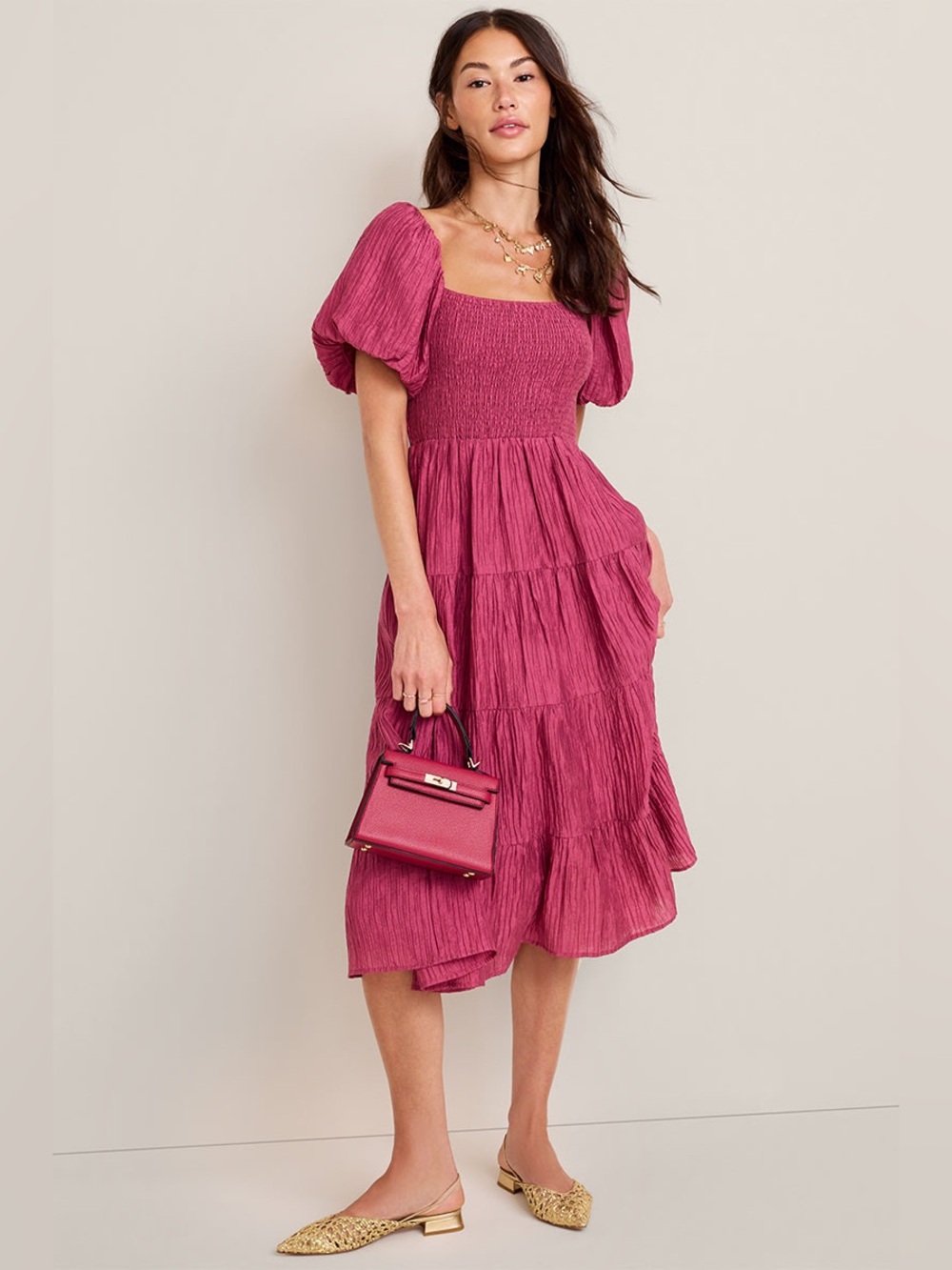Stacey Puff Sleeve Smocked Rose Midi Dress
